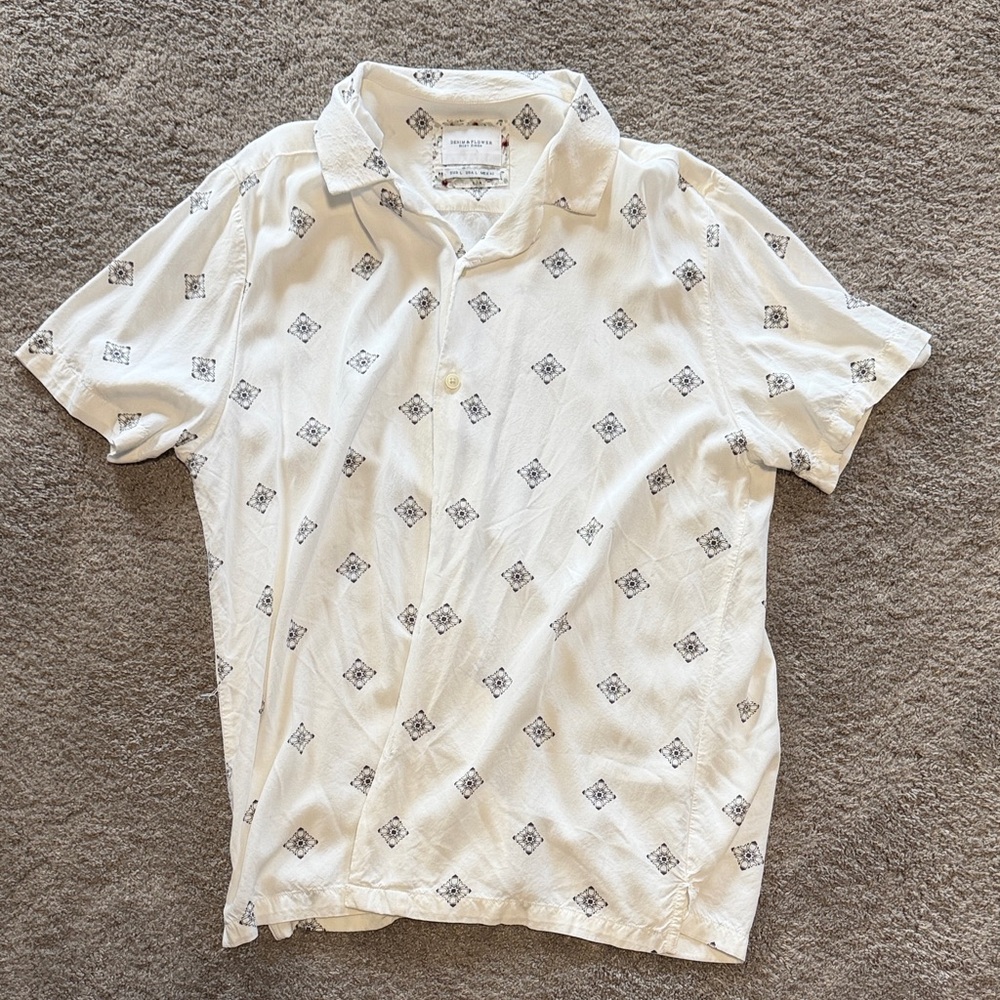 Denim & Flower White Casual Button Down Shirt with Black Pattern